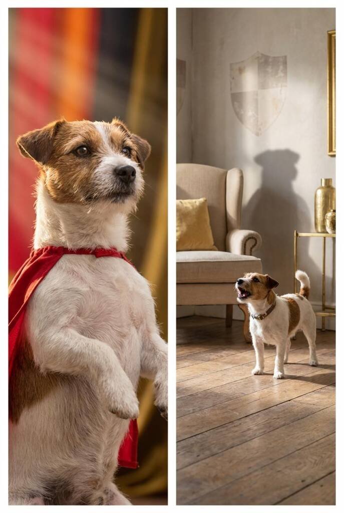 A small but fierce dog like a Jack Russell Terrier, Corgi, or Dachshund in an action pose—standing on hind legs, barking bold