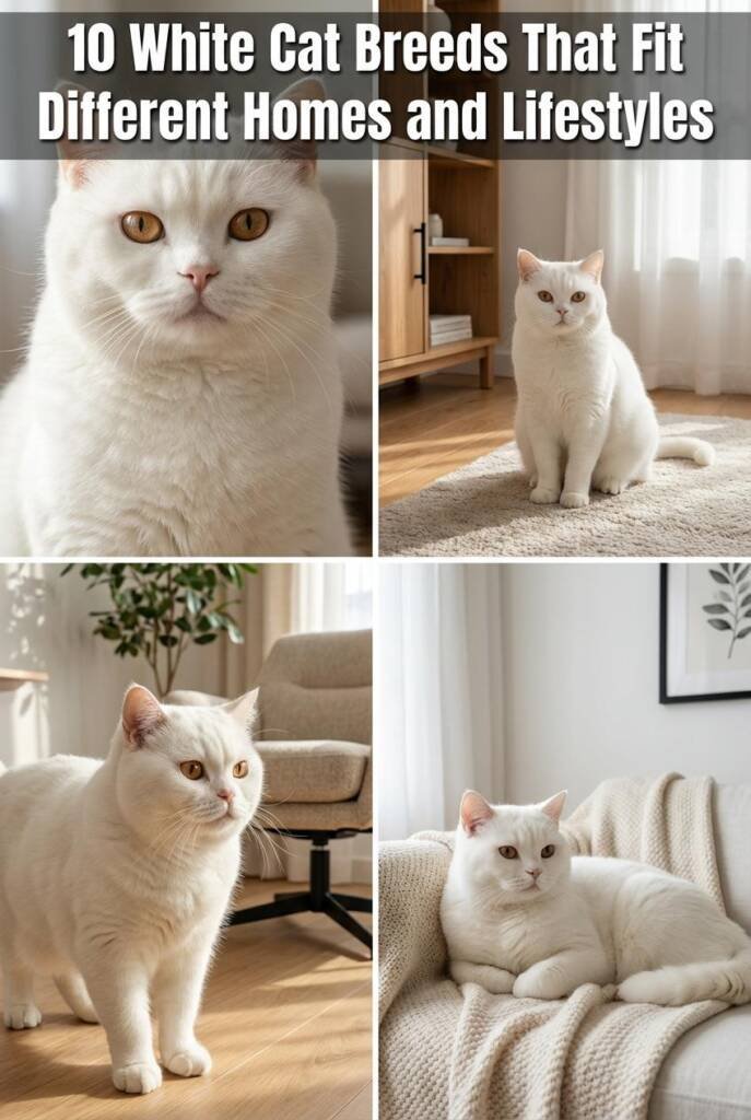 White British Shorthair cat sitting upright with a solid, compact body, representing white cat breeds known for balance and i