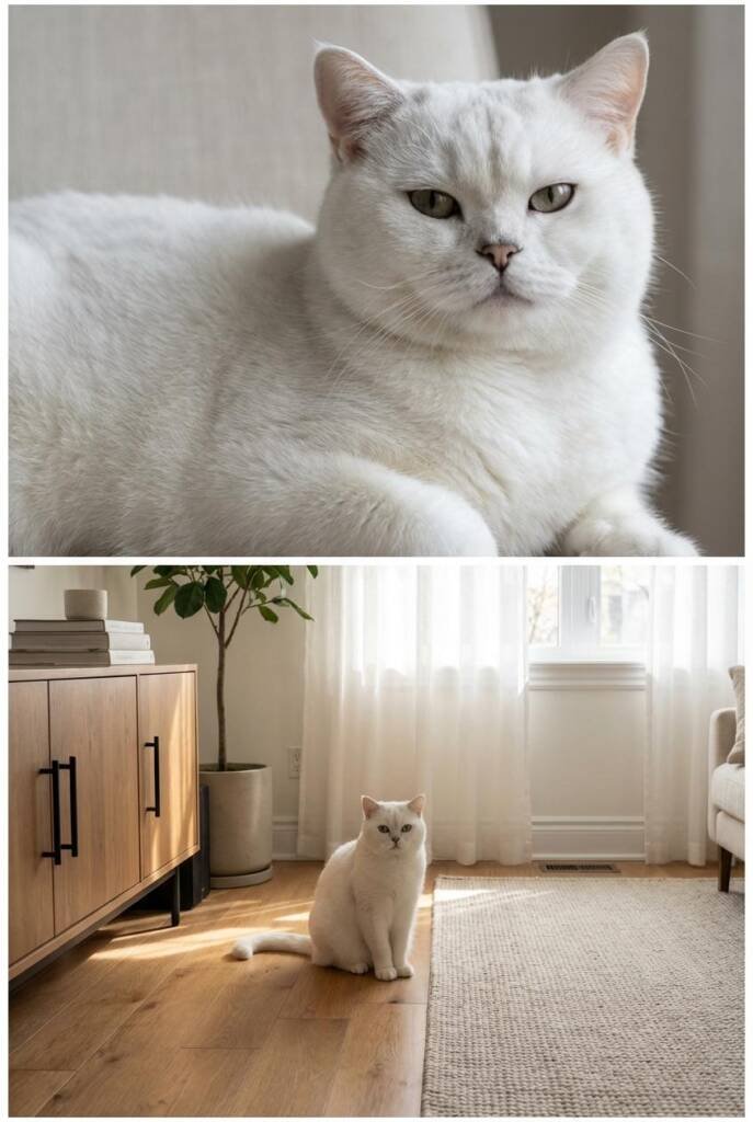 White British Shorthair cat sitting upright with a solid, compact body, representing white cat breeds known for balance and i