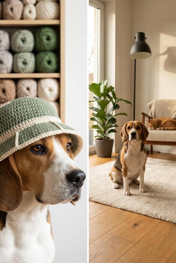 A stylish Beagle or French Bulldog wearing a crocheted bucket hat in modern two-tone colorblock (sage green and cream, or dus