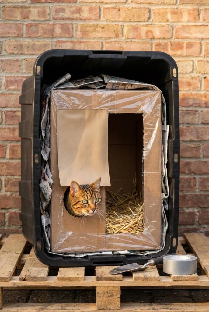 A cutaway demonstration view showing a large black plastic storage bin with a brown cardboard appliance box nested inside. Th