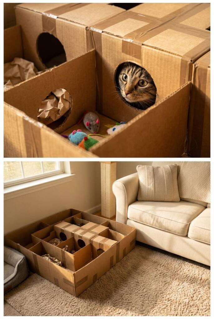 Vertical image of stacked cardboard boxes taped together into a maze with cut-out tunnels and round peek holes, crinkle paper