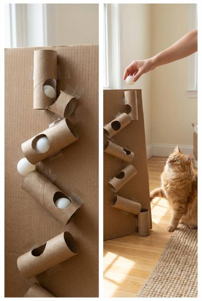 Vertical image of paper towel tubes taped onto a large cardboard board in a zigzag layout with circular cut-outs and ping pon
