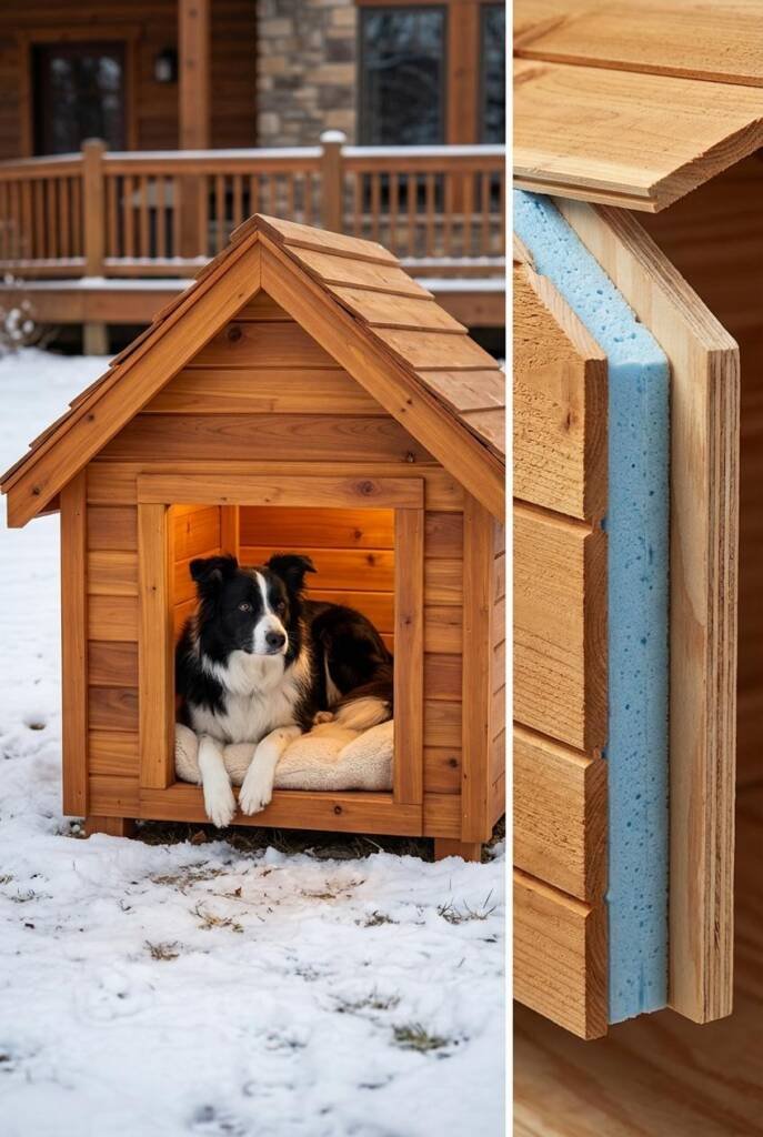 A Border Collie sleeping peacefully inside a stunning natural cedar dog house with visible wood grain exterior. Exploded view
