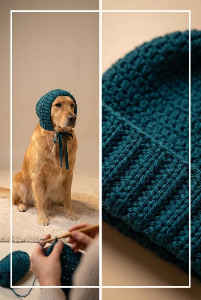 A cozy Golden Retriever or Labrador wearing a hand-crocheted ribbed beanie in warm burgundy or deep teal yarn. The dog sits i