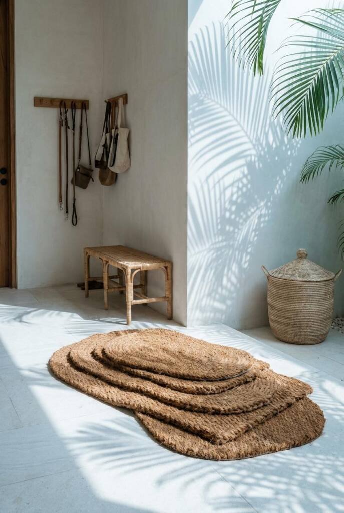 Minimalist tropical entry with thick coconut coir mats layered intentionally as usable scratch zones, arranged like sculptura