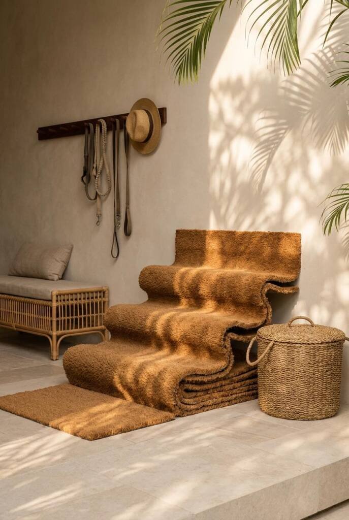 Minimalist tropical entry with thick coconut coir mats layered intentionally as usable scratch zones, arranged like sculptura