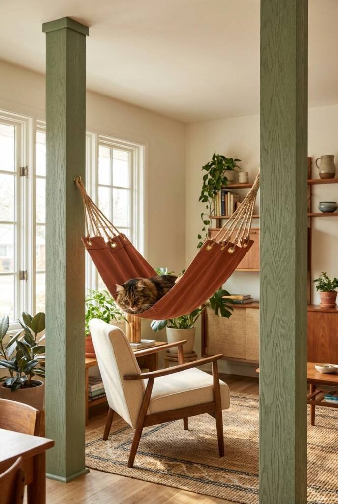 Two floor-to-ceiling sage posts supporting a suspended terracotta canvas hammock tensioned with brass grommets and rope lacin