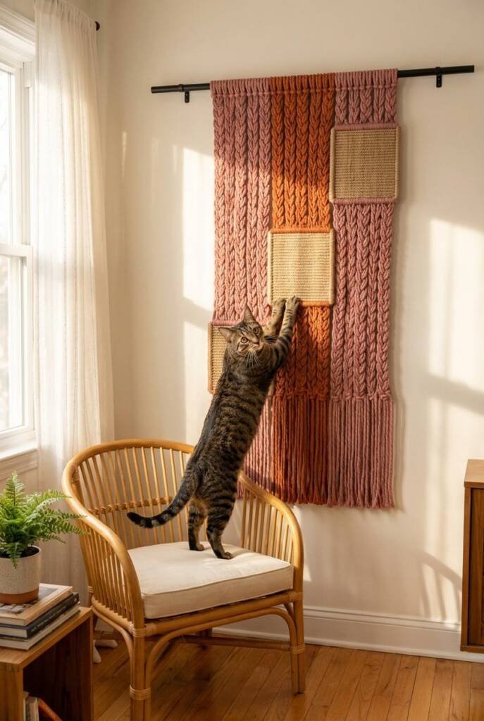 A statement 4-foot macramé tapestry with thick braided cords and hand-dyed dusty rose and burnt orange sections, framing thre