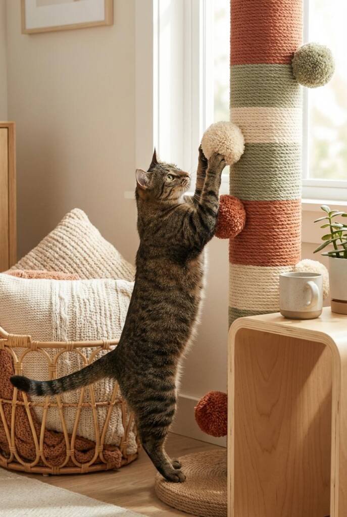 An oversized vertical totem made of thick jute rope wrapped in terracotta, sage, cream, and rust stripes, punctuated with gia