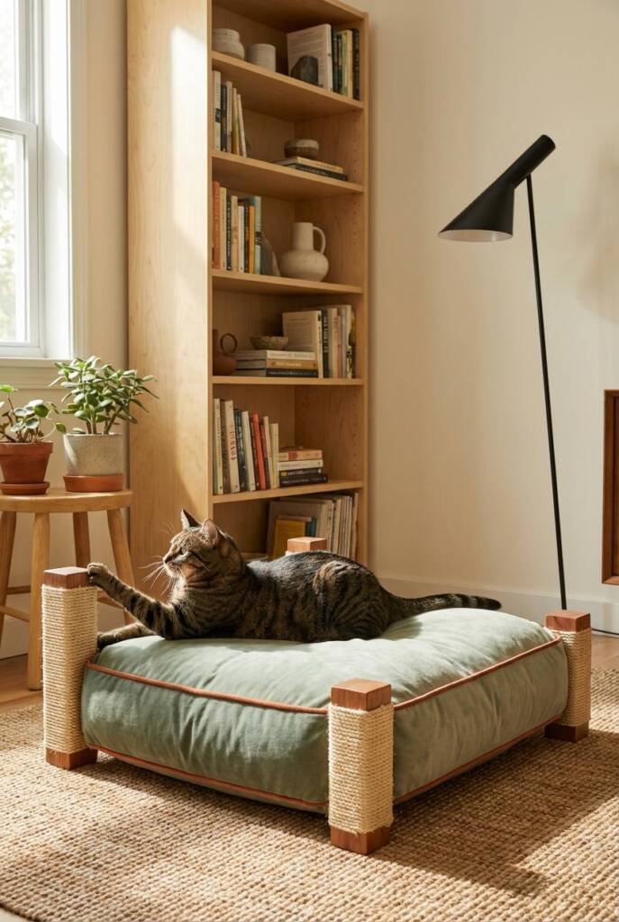 A large sage velvet floor cushion with terracotta piping and four protruding sisal-wrapped corner blocks, creating a low-prof
