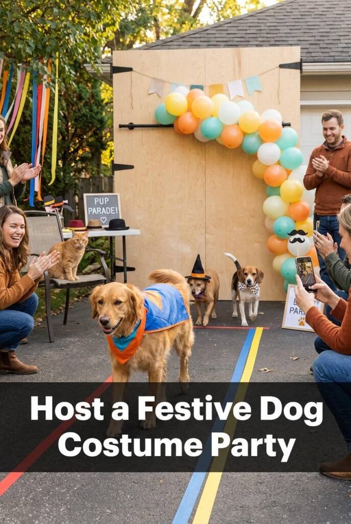 A backyard or driveway with 3-4 dogs wearing simple, realistic costumes such as a bandana cape, witch hat, tutu, or bow tie.