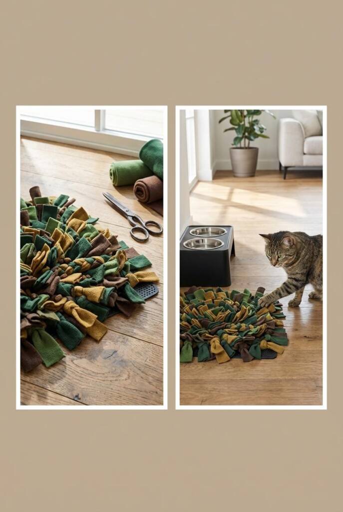 Vertical overhead image of a fleece-filled rubber mat resembling a fabric forest, kibble pieces tucked between strips, scisso
