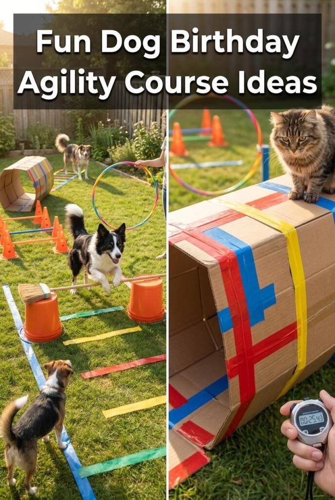 A real backyard with a homemade obstacle course using actual household items. A Border Collie or mixed breed jumping over a b