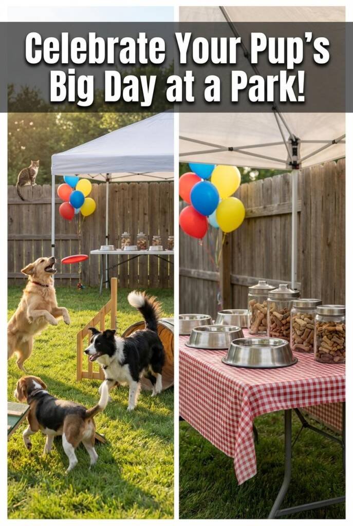 A real dog park scene with natural fencing and grass, showing 3-4 mixed breed dogs running and playing off-leash. One dog cat