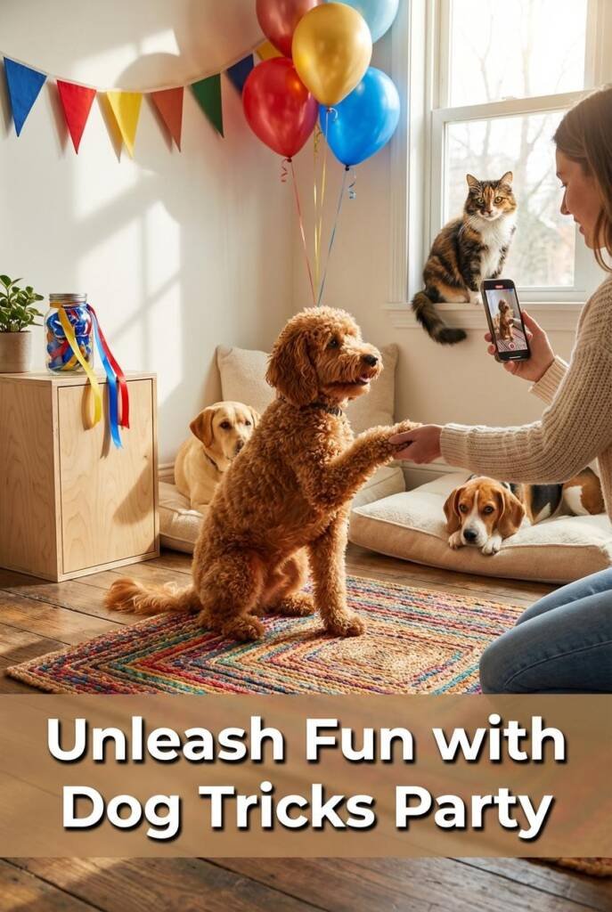 A living room with a designated stage area using a colorful rug or yoga mat on the floor. A small dog such as a Terrier or Po