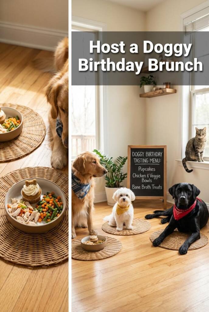 A clean kitchen or dining room floor with 3 dogs of different sizes sitting on individual placemats in a casual semi-circle.