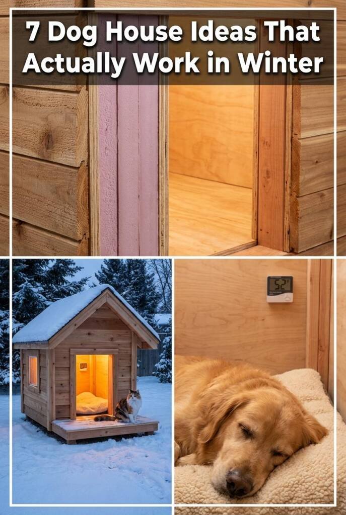 A cozy golden retriever sleeping peacefully inside a cutaway view dog house showing double-wall construction with visible pin