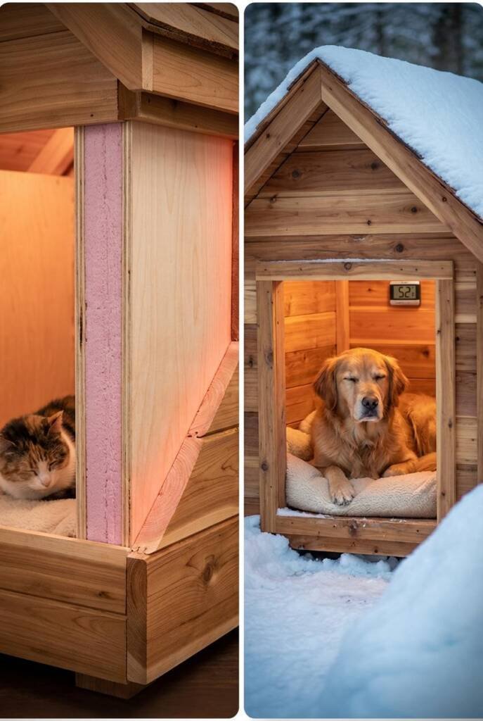 A cozy golden retriever sleeping peacefully inside a cutaway view dog house showing double-wall construction with visible pin