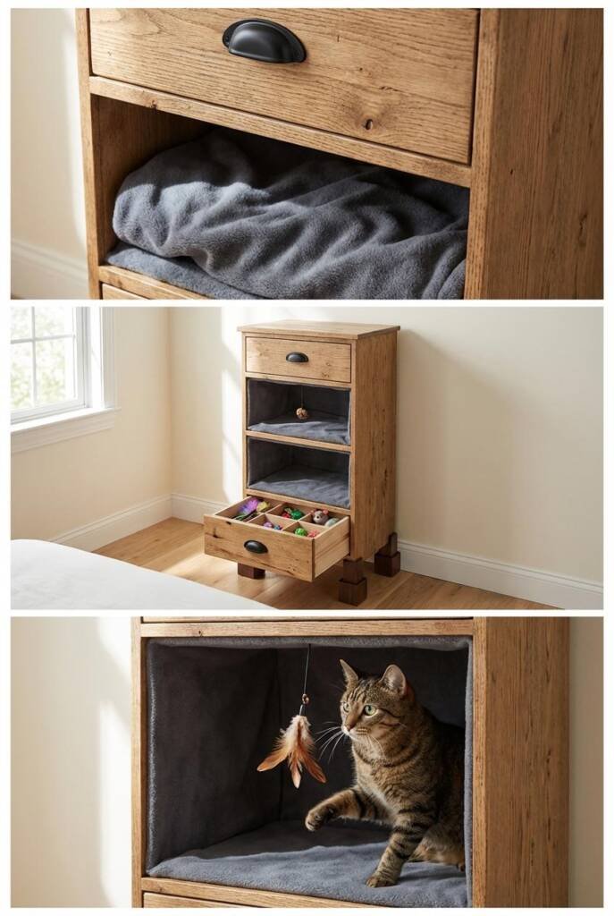 Narrow vertical drawer unit in natural wood finish with 6 drawer slots, two middle drawers completely removed revealing empty