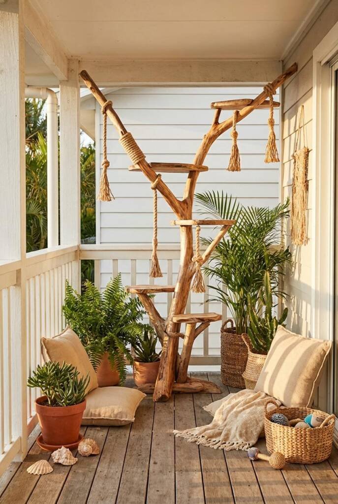 Coastal corner featuring a dramatic driftwood-and-rope climbing structure, shaped like a museum-grade sculpture but fully pra