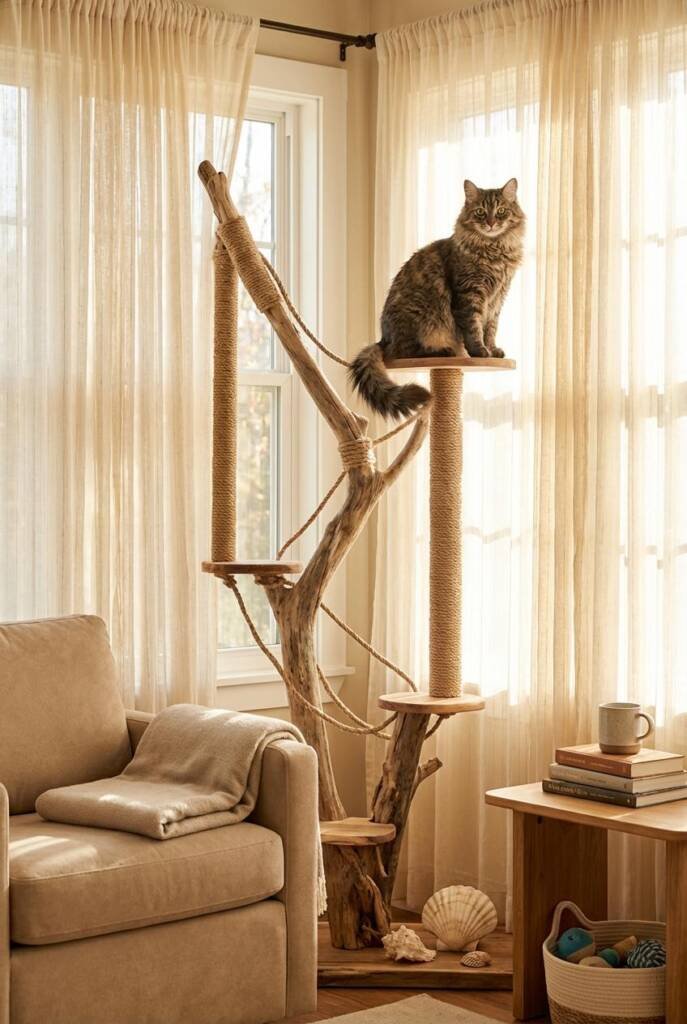 Coastal corner featuring a dramatic driftwood-and-rope climbing structure, shaped like a museum-grade sculpture but fully pra