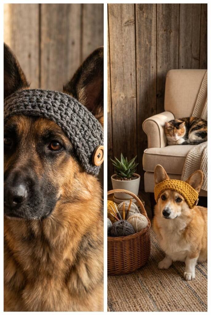 A German Shepherd or Corgi wearing a textured ear warmer band crocheted in chunky charcoal gray or mustard yellow yarn with c