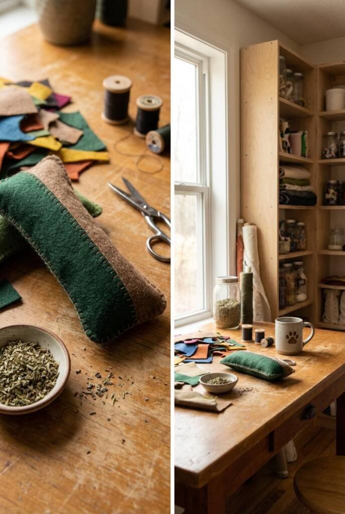 Vertical craft table scene with a large hand-stitched felt kicker toy stuffed firmly, surrounded by fabric scraps, dried catn