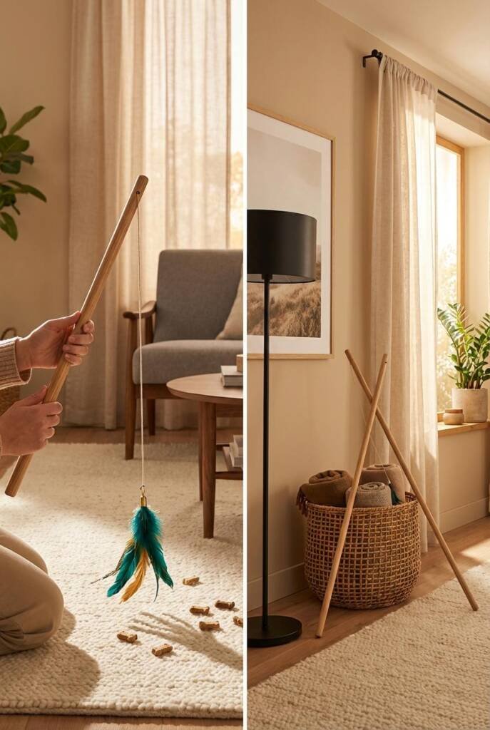 Vertical lifestyle image of a person sitting on a rug holding a wooden dowel toy with a dangling feather lure, treats scatter