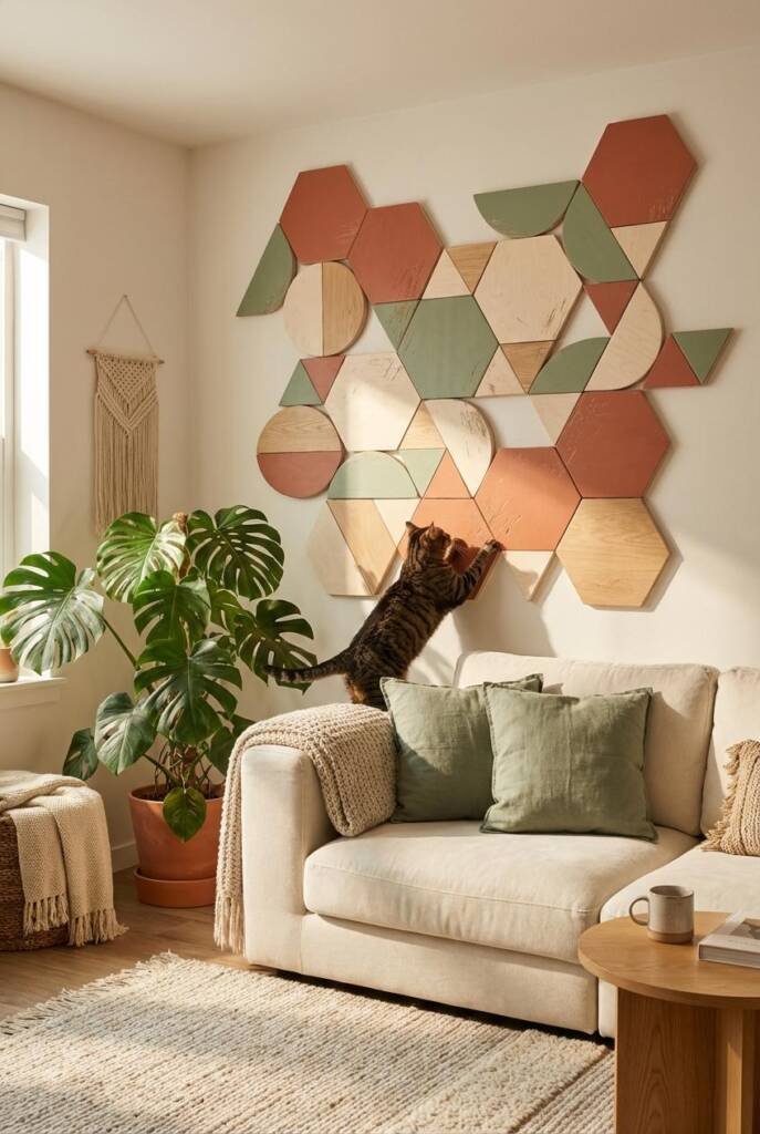 A wall-sized installation of deep wooden geometric tiles—hexagons, triangles, and half-moons—painted in terracotta, sage, and