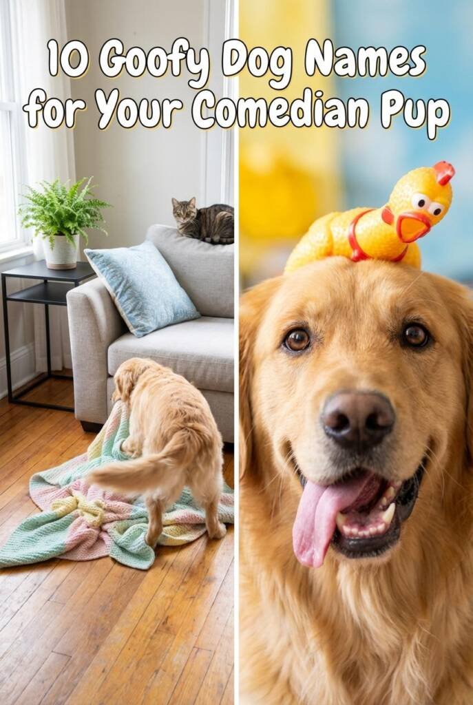 A Golden Retriever or Labrador with a goofy expression, tongue hanging out sideways, caught mid-action doing something silly