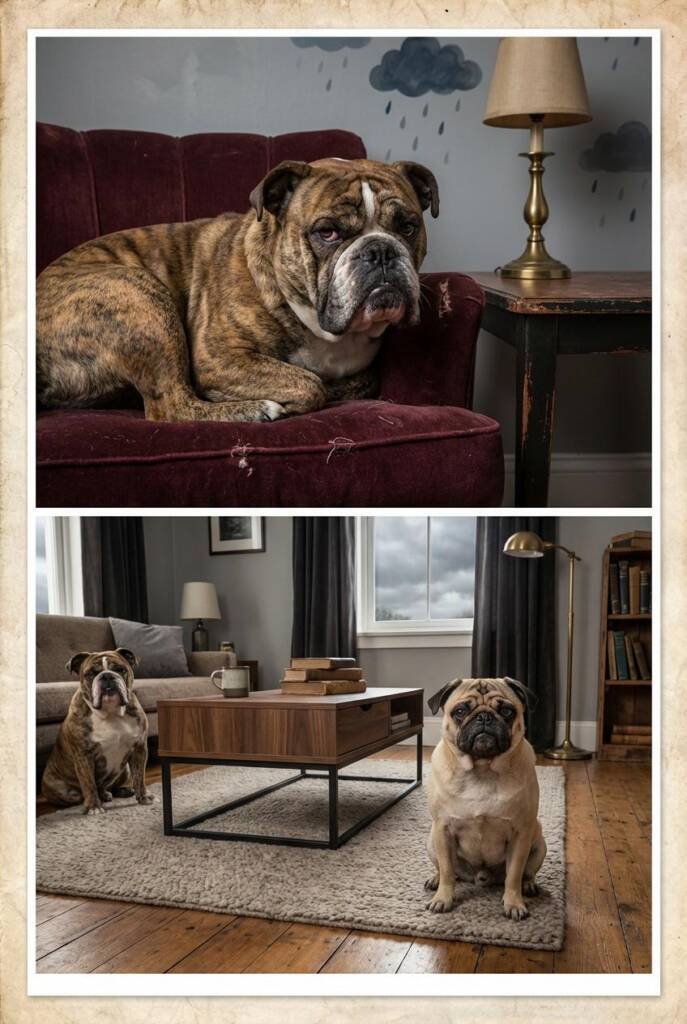 A Bulldog, Pug, or Shih Tzu with the ultimate grumpy face, furrowed brows, and judgmental side-eye. The dog sits with arms cr