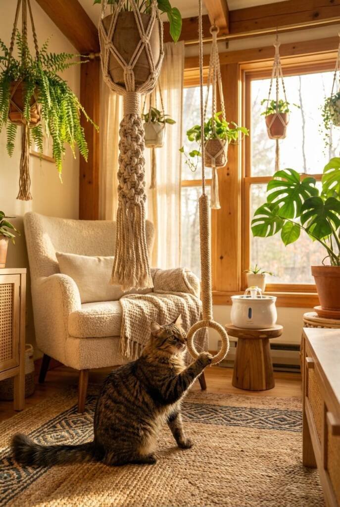 Boho plant corner with multiple macramé hangers, one featuring an extra-thick band of tightly knotted rope designed for verti