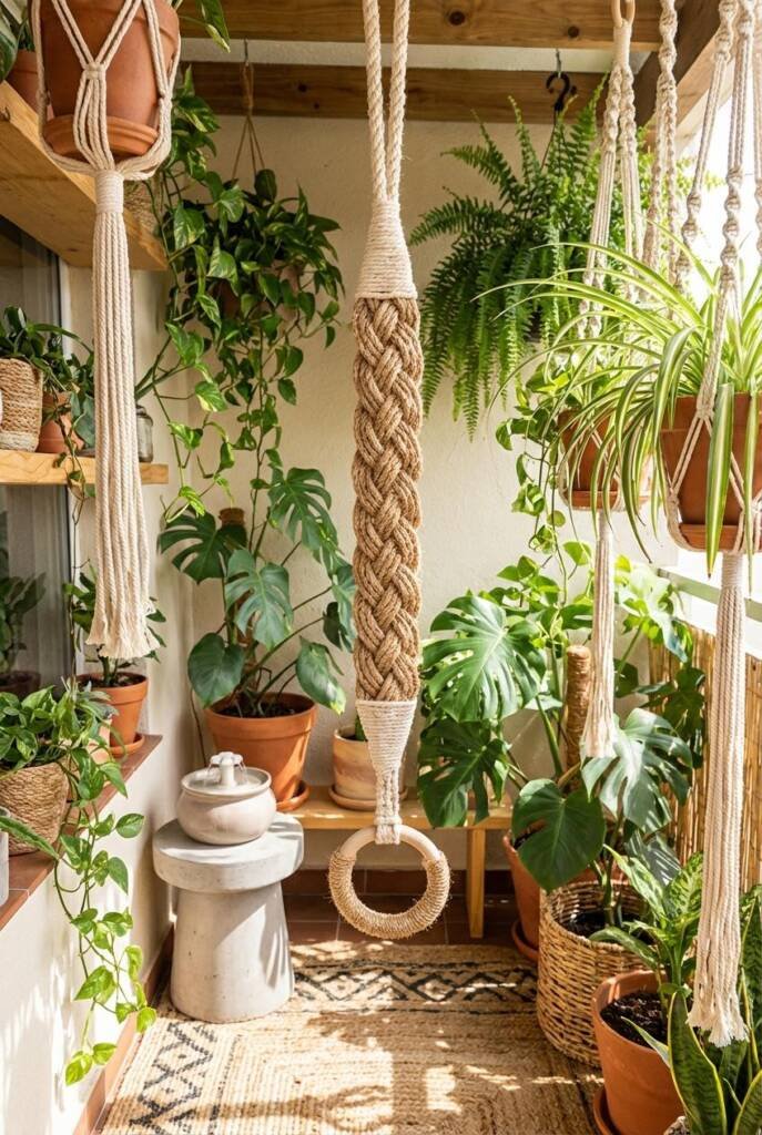 Boho plant corner with multiple macramé hangers, one featuring an extra-thick band of tightly knotted rope designed for verti