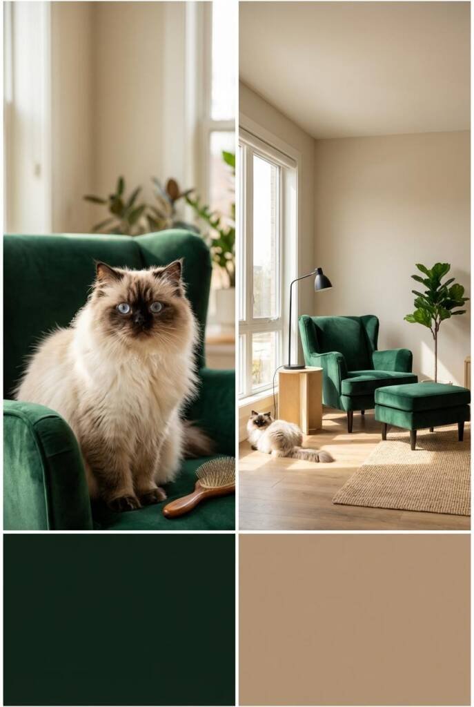 A luxurious Himalayan cat with pale cream-white body, darker colorpoints on face, ears, legs and tail, and vivid blue round e