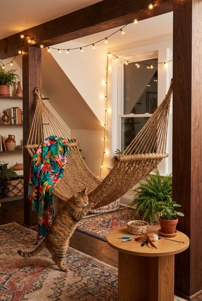 Boho corner with a sturdy jute rope hammock stretched between two thick wooden posts, woven tightly to withstand scratching a