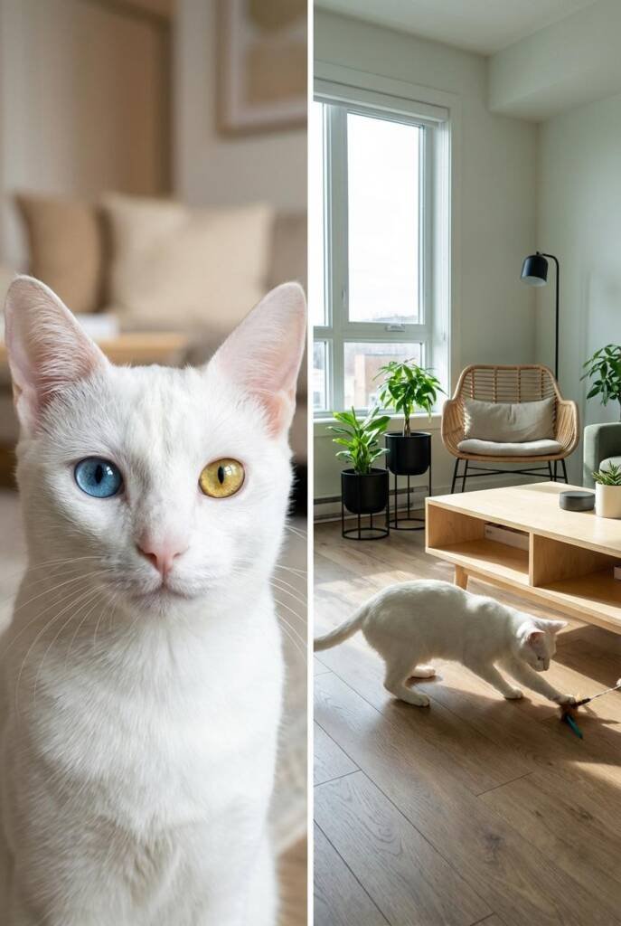 A pure white Khao Manee cat with brilliant jewel-like blue eyes (or one blue, one odd-colored eye for variety). Short, smooth