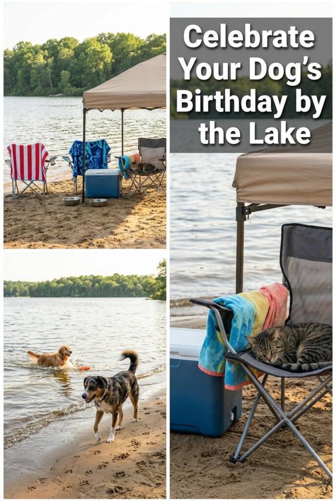 A realistic lakeside or beach scene on a bright day. One Golden Retriever swimming in calm water with a floating toy, another