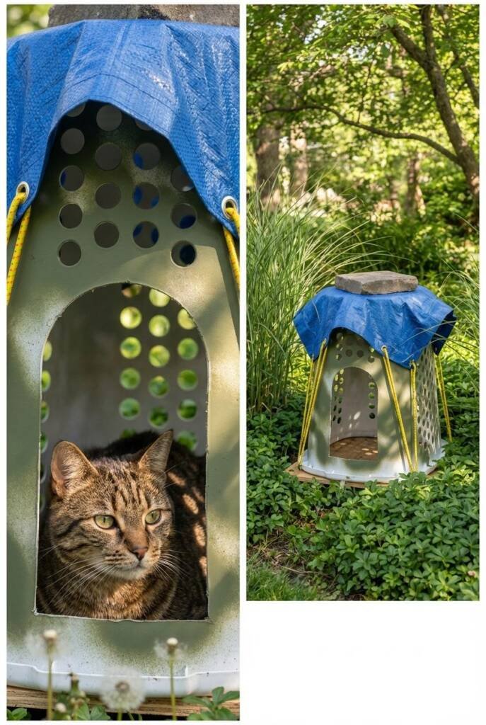 A large white plastic laundry basket with perforated sides, flipped upside down with a 7-inch arched entrance cut into one si