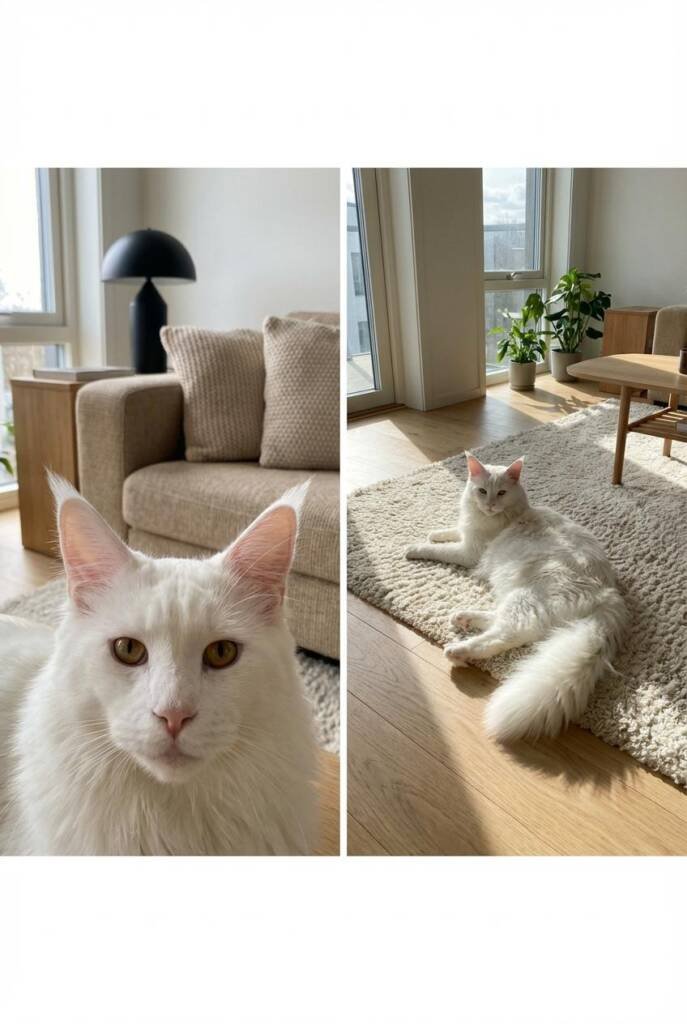 Large white Maine Coon cat positioned to highlight scale and structure, showcasing one of the largest white cat breeds. Long