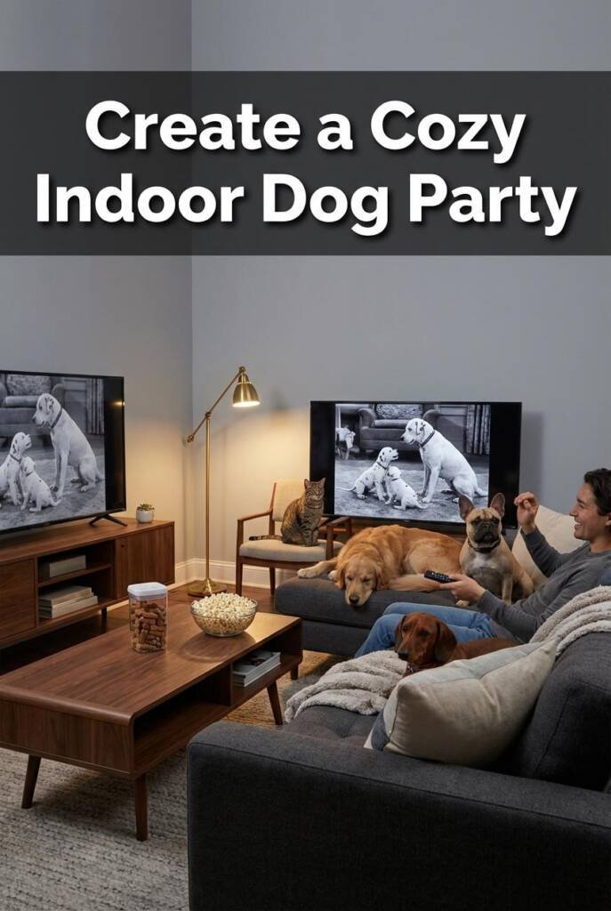 A real living room with 3-4 dogs of various sizes lounging on the couch and floor in front of a TV. TV screen showing dog-rel