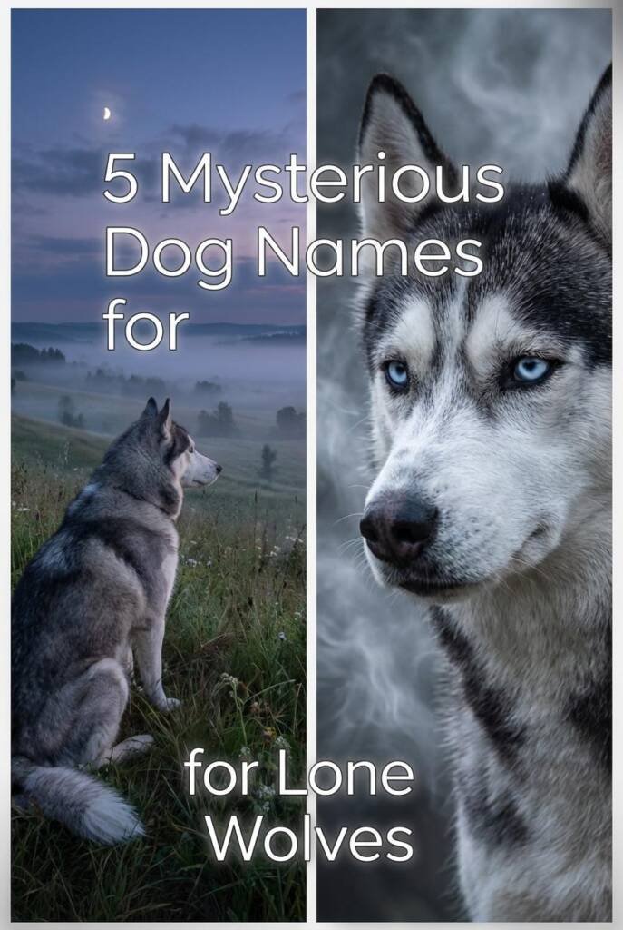 A Husky, Malamute, or German Shepherd sitting alone on a hillside or looking off into the distance with a mysterious, contemp