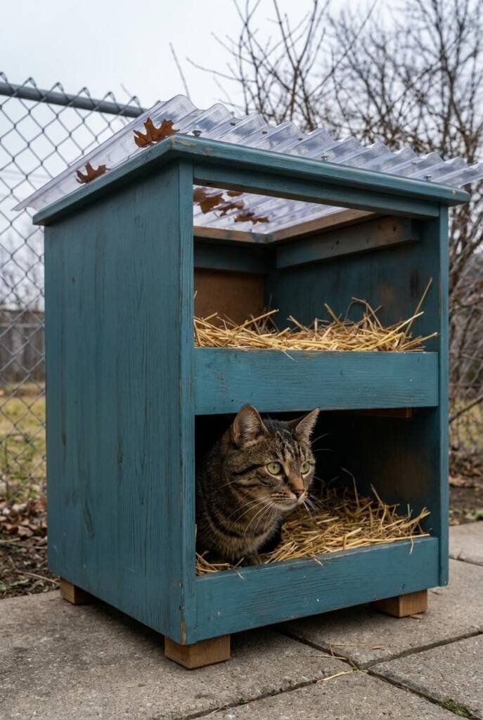 A vintage wooden nightstand laid on its back in a backyard setting, transformed into a multi-level shelter. The piece is pain