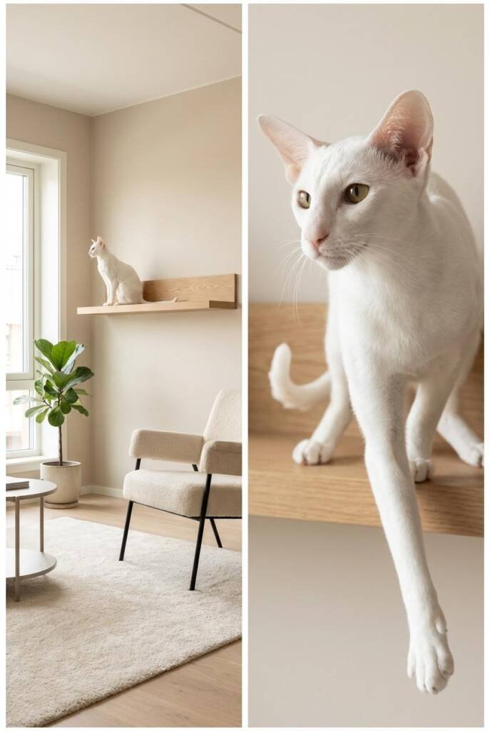 Sleek white Oriental Shorthair cat captured mid-movement, showcasing the bold energy of highly active white cat breeds. Long