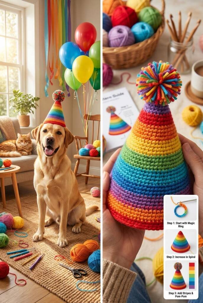 A happy Labrador or mixed breed dog wearing a cheerful striped party cone hat crocheted in bright rainbow colors or pastel co
