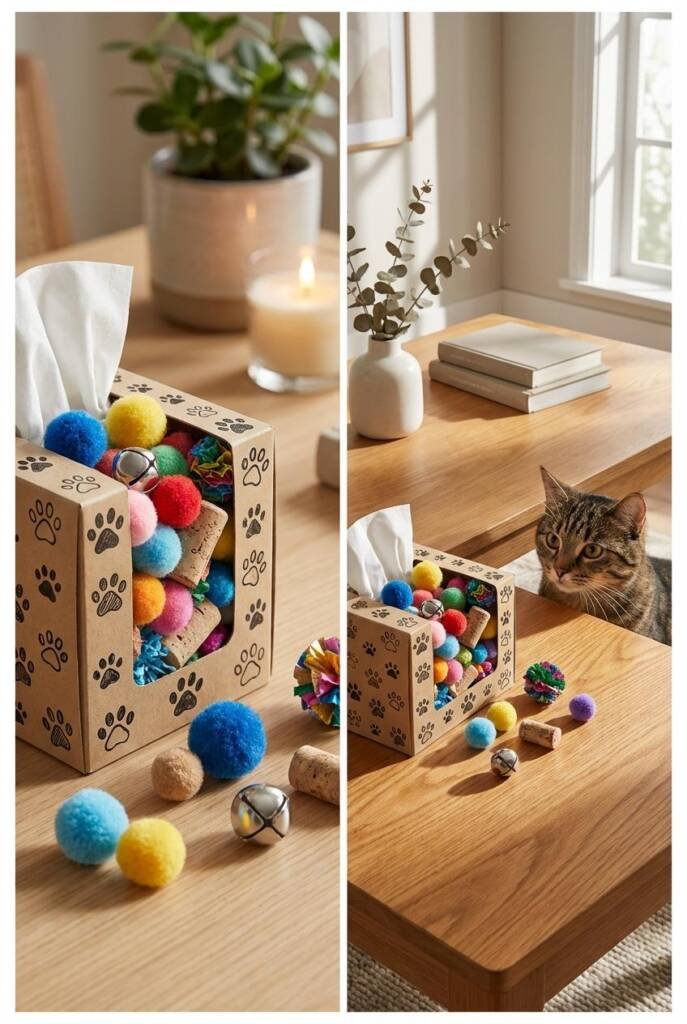 Vertical close-up of a decorated tissue box filled with pom poms, jingle balls, corks, and crinkle toys, a few toys spilled o
