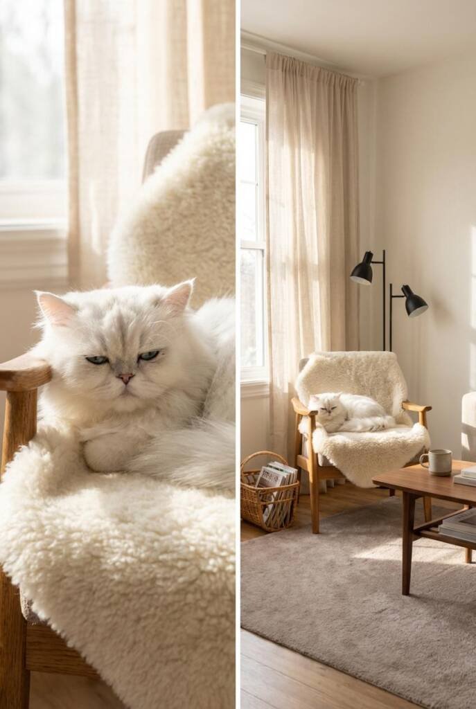 White Persian cat resting peacefully, highlighting the plush, cloud-like coat typical of calm white cat breeds. The cat’s bod