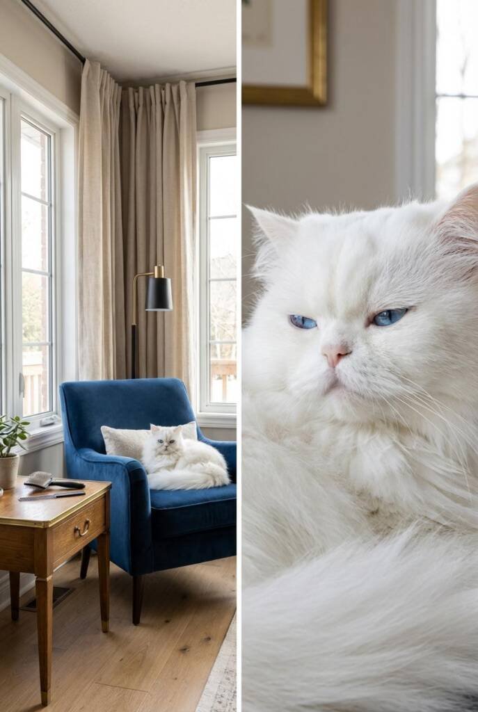 A stunning white Persian cat with vivid blue eyes sitting regally on a velvet cushion in elegant indoor setting. The cat's lo