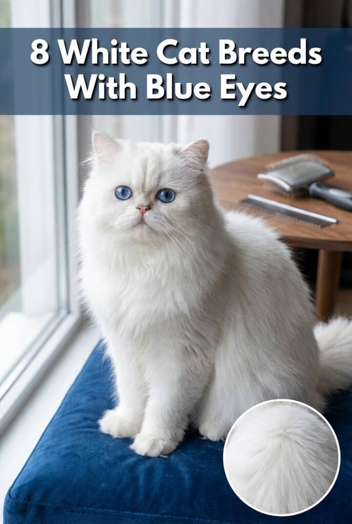 A stunning white Persian cat with vivid blue eyes sitting regally on a velvet cushion in elegant indoor setting. The cat's lo
