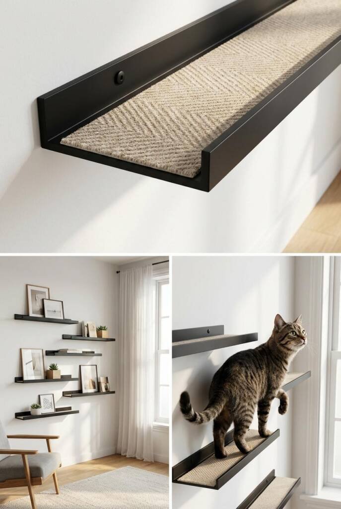 Series of floating black picture ledges mounted in a staggered zigzag pattern ascending a white wall from floor to ceiling